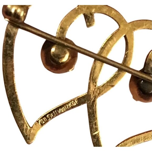 Signed Van Dell 12k gold filled 2x Vintage Gold Tone Heart Brooch - Picture 6 of 6